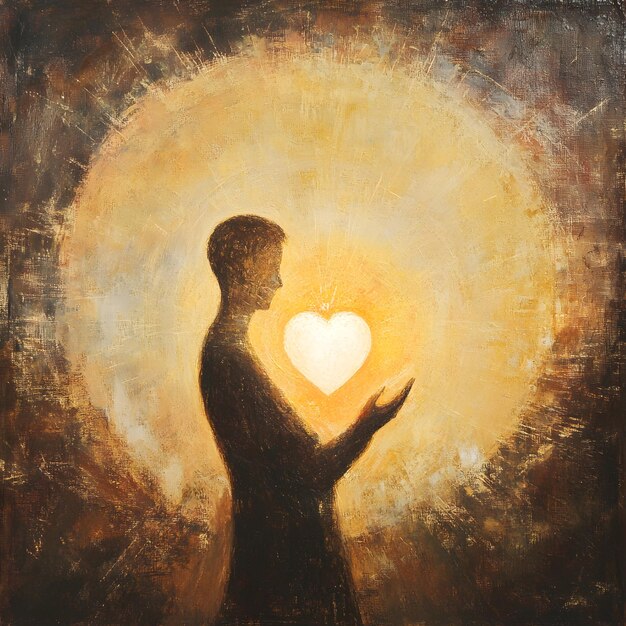 a painting of a man praying with a heart in the middle