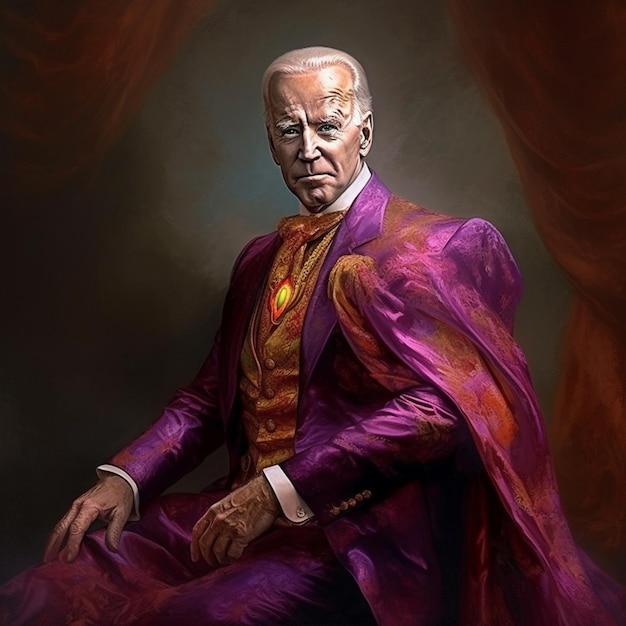 A painting of a man in a purple suit with a gold necklace.