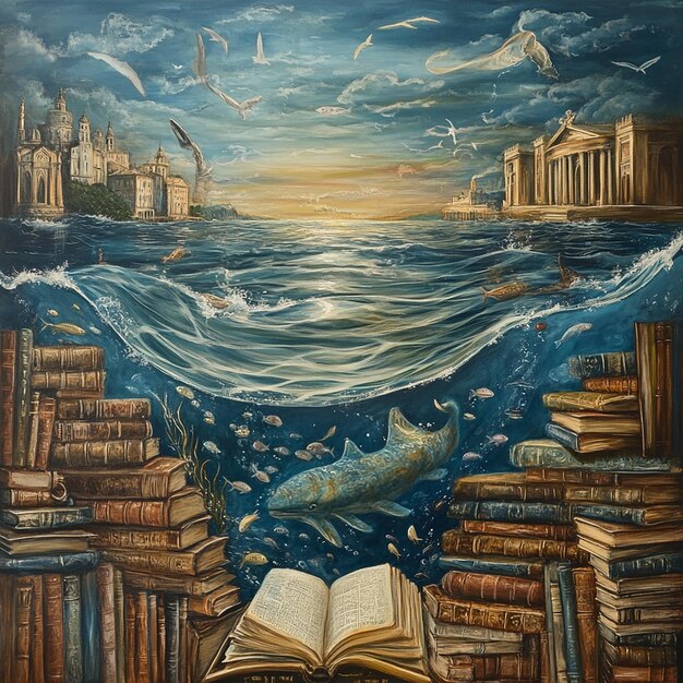 Photo a painting of a man reading a book with the ocean in the background