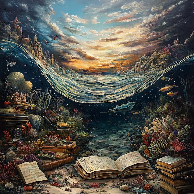 Photo a painting of a man reading a book with the ocean in the background