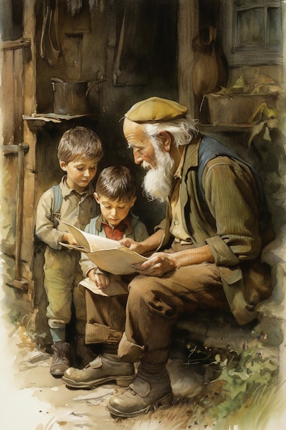 A painting of a man reading a book with two boys reading.