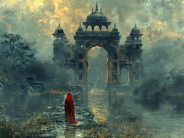 a painting of a man in a red robe is in front of a bridge with a dragon on it