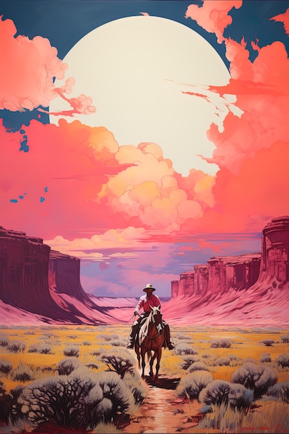 a painting of a man riding a horse in the desert