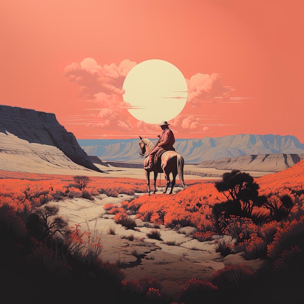 a painting of a man riding a horse in the desert