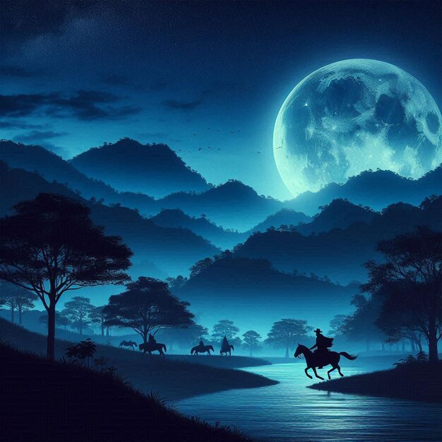 a painting of a man riding a horse in the night