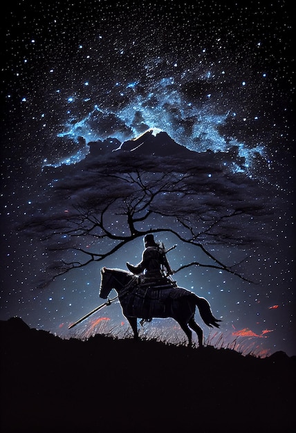 A painting of a man riding a horse under a starry sky with a mountain in the background.