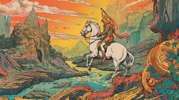 A painting of a man riding a horse with a mountain in the background.