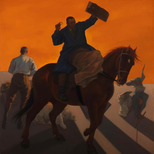 Painting of a man riding a horse with a suitcase on his back generative ai