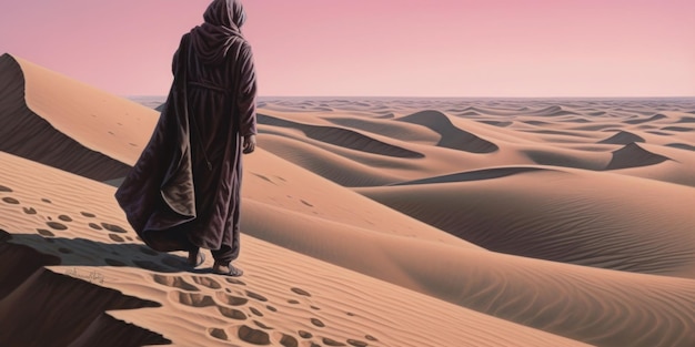 A painting of a man in a robe walking in the desert.