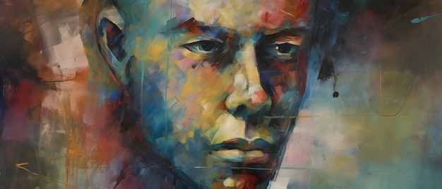 A painting of a man's face with a blue background and the word " the word " on it.