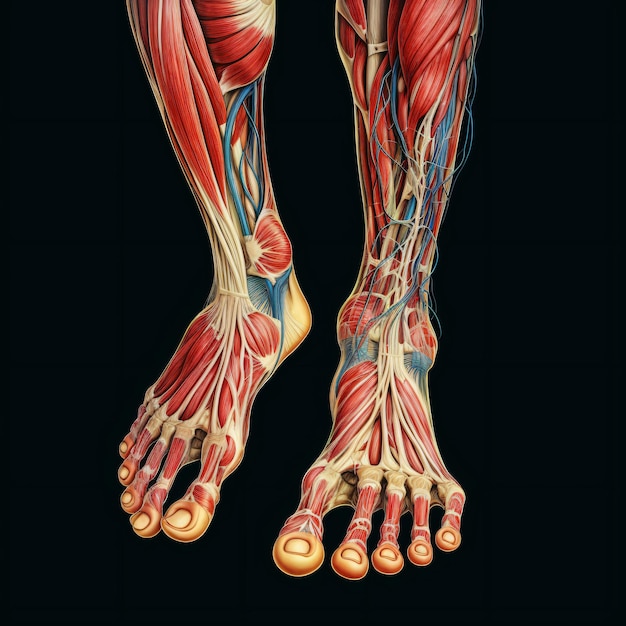 A painting of a man's foot with the muscles labeled.