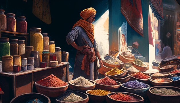 Photo a painting of a man selling spices and spices