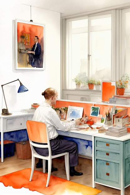 A Painting Of A Man Sitting At A Desk