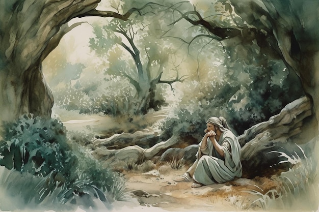 A painting of a man sitting in a forest