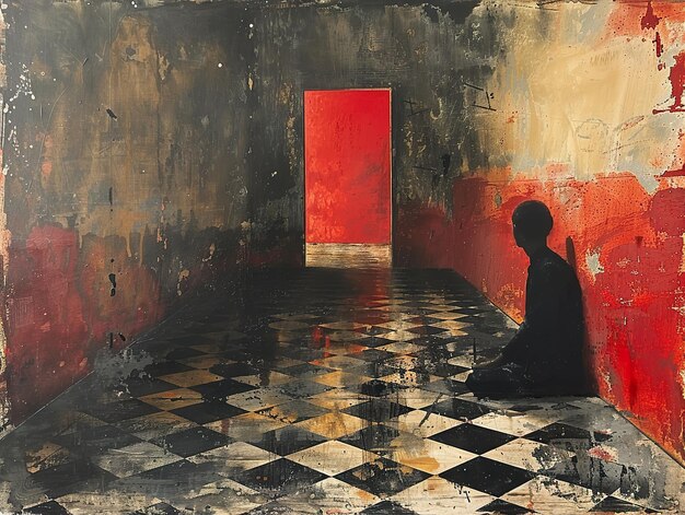 Photo a painting of a man sitting in front of a red door