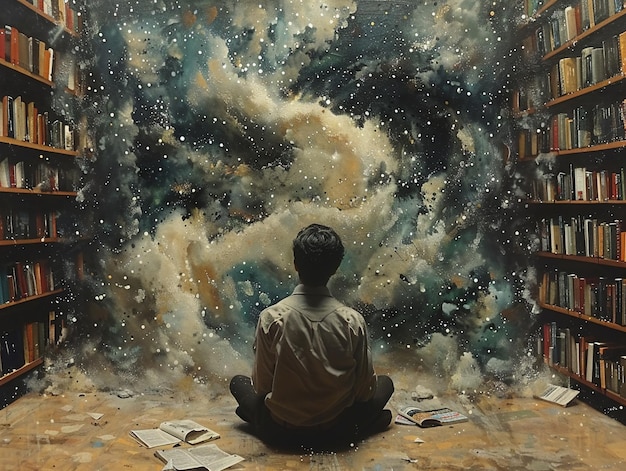 a painting of a man sitting in front of a space with books on it