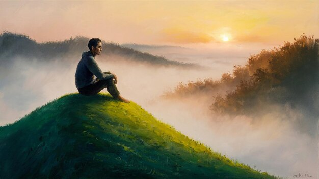 Photo a painting of a man sitting on a hill with the sun setting behind him