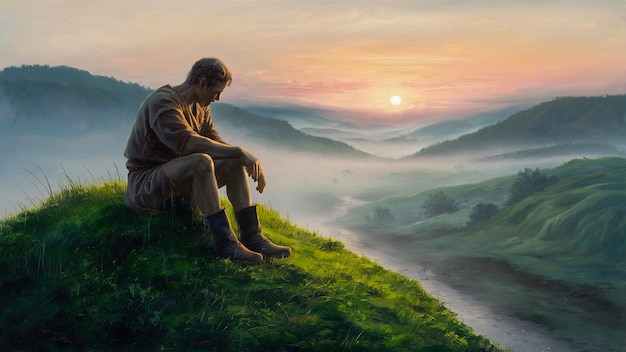 Photo a painting of a man sitting on a hill with the sunset in the background