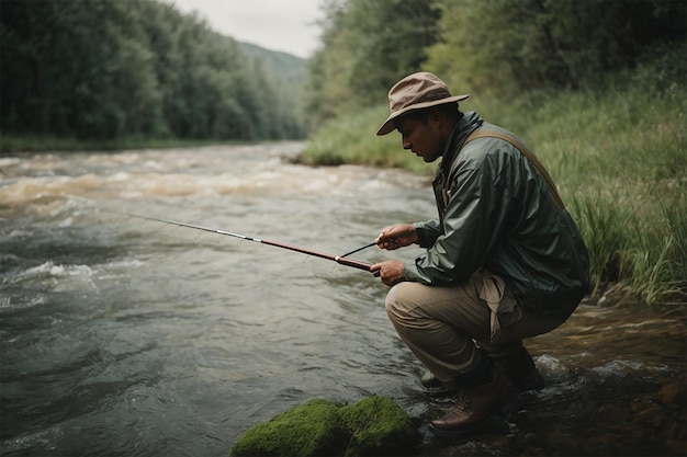 a painting of a man sitting on a rock fishing