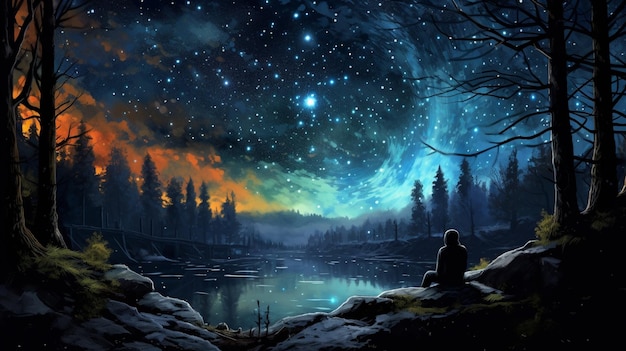 Painting of a man sitting on a rock looking at the stars generative ai