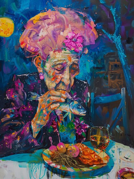 painting of a man sitting at a table with a plate of food generative ai