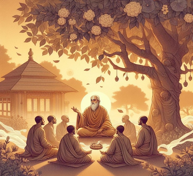 a painting of a man sitting under a tree with a man sitting in front of him