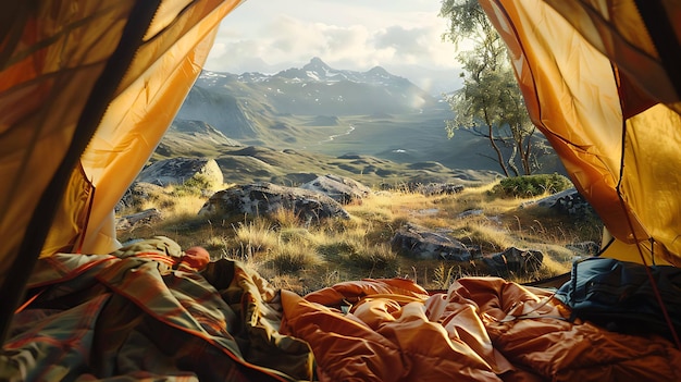 a painting of a man sleeping in a tent with mountains in the background