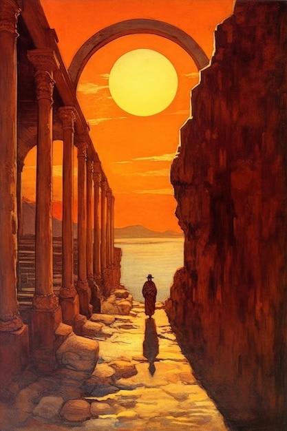 A painting of a man standing in an alley with columns and the sun in the background.