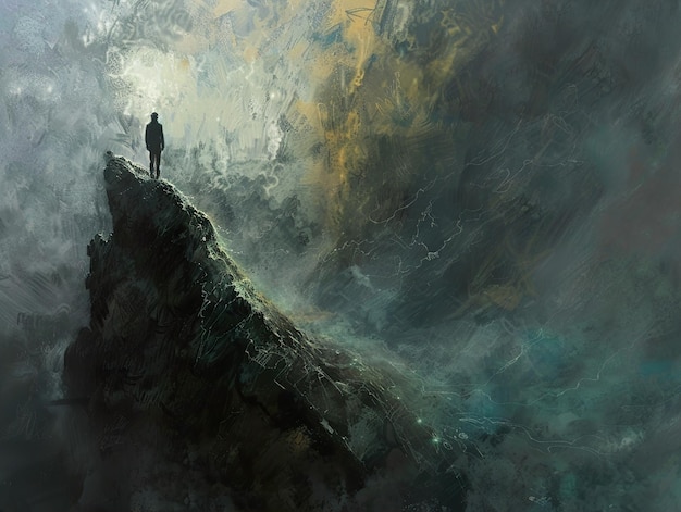 a painting of a man standing on a cliff with a man standing on the edge