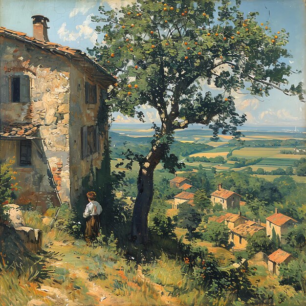 Photo a painting of a man standing in front of a house with a tree and a house in the background