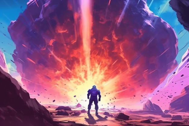 painting of a man standing in front of a huge explosion