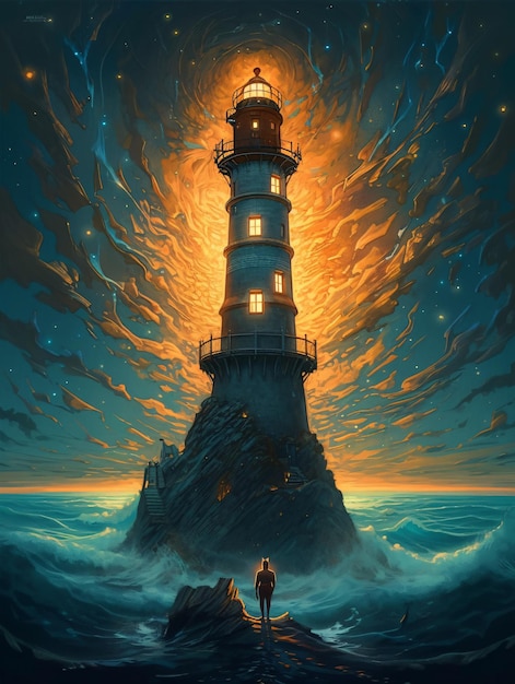 A painting of a man standing in front of a lighthouse AI generation