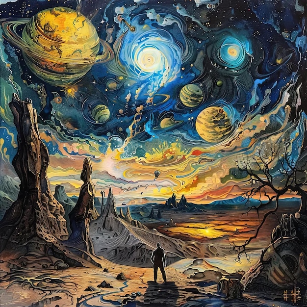 A painting of a man standing in front of a painting of planets