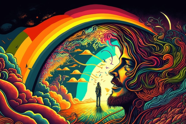 A painting of man standing in front rainbow colored background generative ai