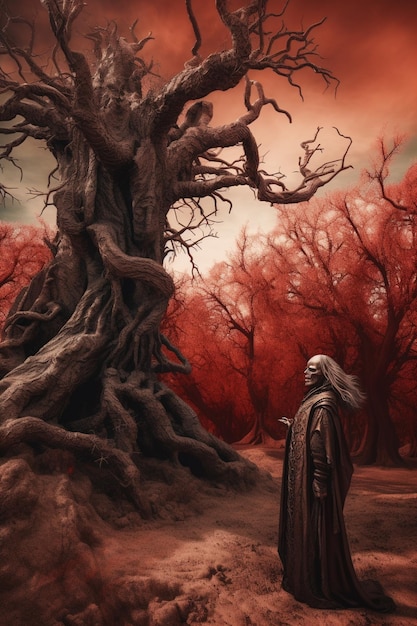 A painting of a man standing in front of a tree with the title'the tree of life '