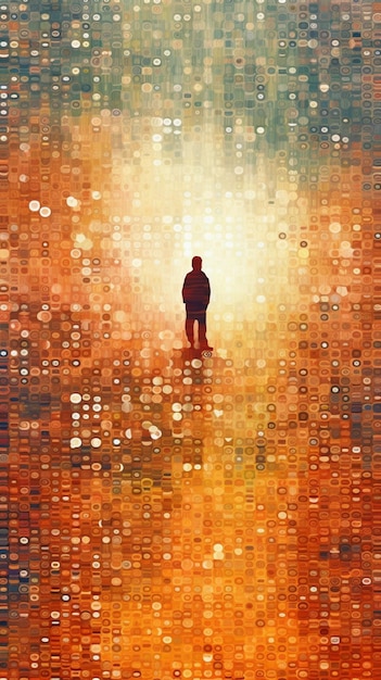 A painting of a man standing in the middle of a sunset.