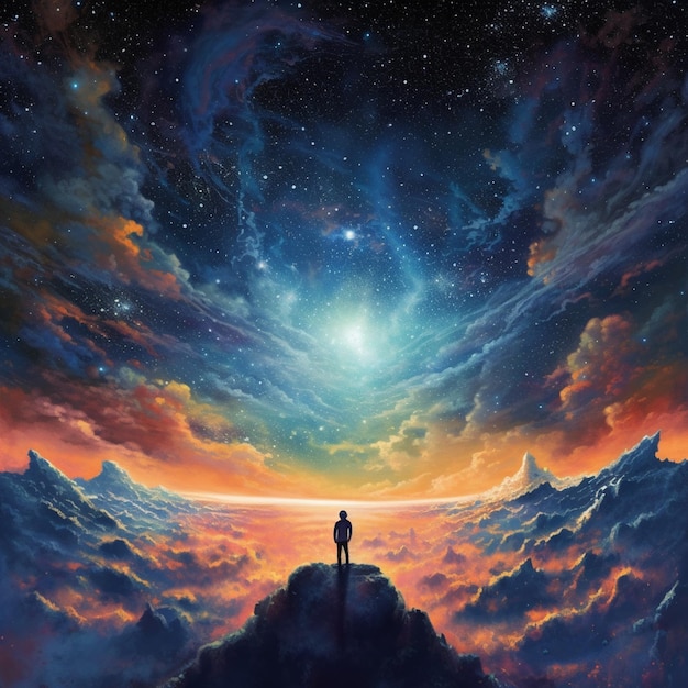 Painting of a man standing on a mountain looking at the stars generative ai