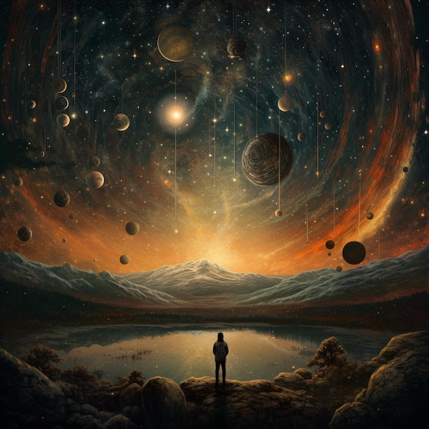 Painting of a man standing on a rock looking at planets generative ai