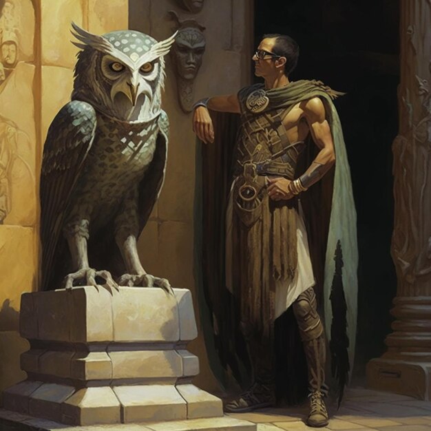 Photo painting of a man standing next to a statue of an owl generative ai