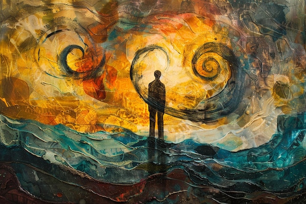 a painting of a man standing in the water with a wave in his hand