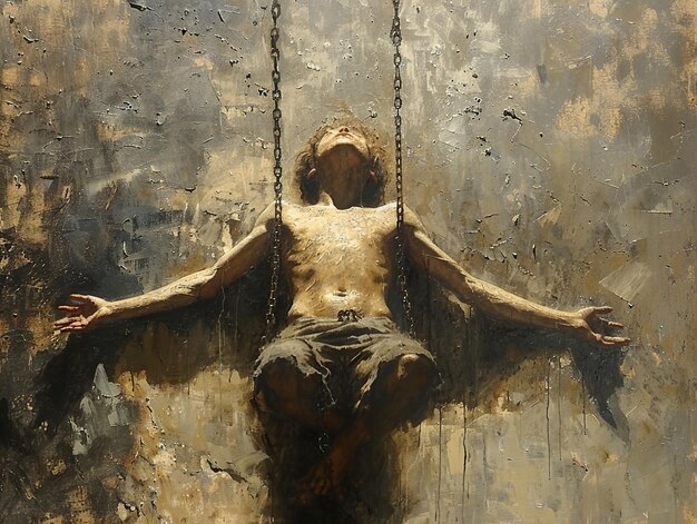 Photo a painting of a man on a swing with his hands hanging on the wall