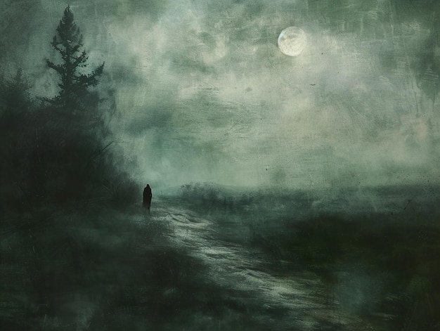 Photo a painting of a man walking in the dark with a full moon in the background