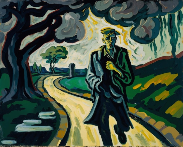 Photo a painting of a man walking down a path with trees in the background.