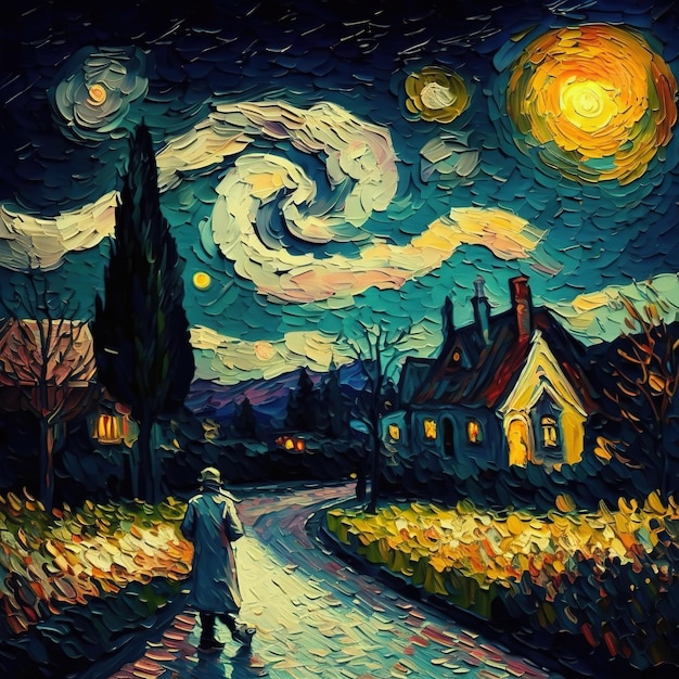 A painting of a man walking down a road with a moon and stars in the sky.