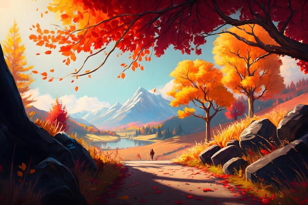 A painting of a man walking down a road with mountains in the background.