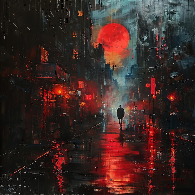 a painting of a man walking down a street with a red moon in the background