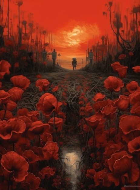 A painting of a man walking in a field of flowers with a red sky in the background.