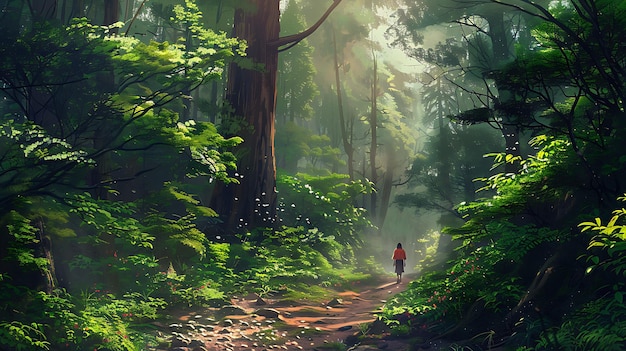 a painting of a man walking in the forest with a backpack on his back