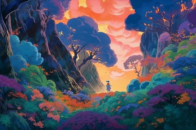 A painting of a man walking through a forest with a colorful sky and clouds.