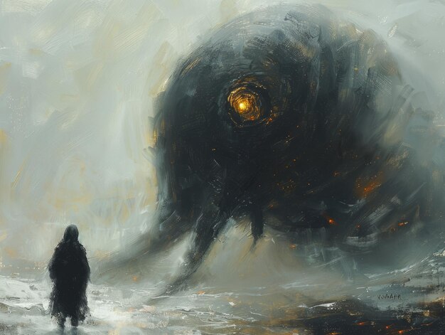 a painting of a man walking in the water with an octopus in the background